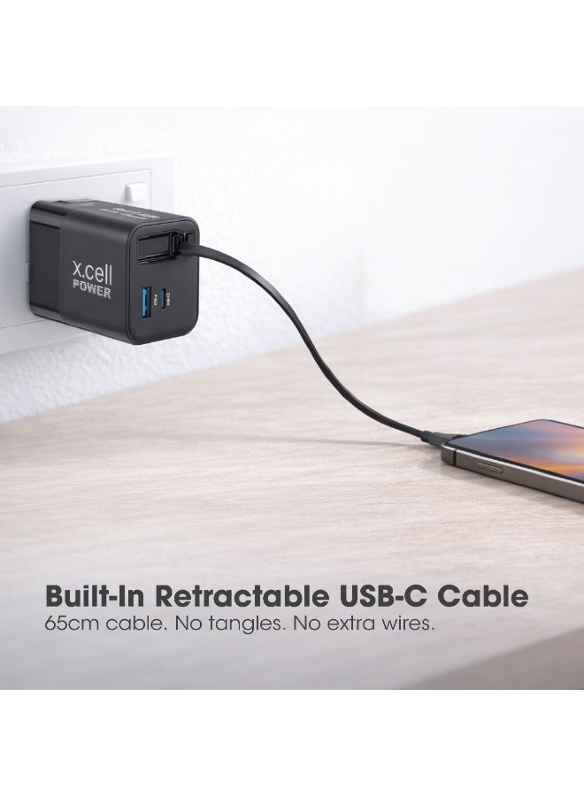 Xcell 45W GaN II USB-C Fast Charger with 65cm Retractable Cable, 3-Port Fast Charging (2 USB-C PD + USB-A QC 3.0), PPS Support, Compact Wall Charger for iPhone 16/17, Samsung & USB-C Devices, Black - Image 4